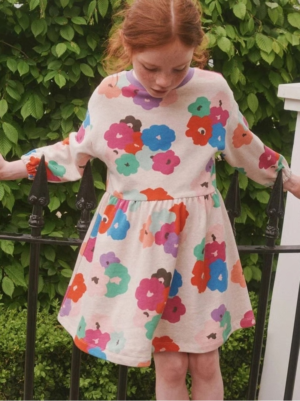 Mini Boden Relaxed Flower Printed Sweater Dress Size 8-9y Cotton Colorful
